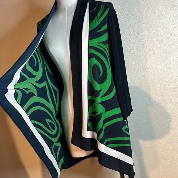 CHICO’S Cardigan Travelers Classic‎ Scarf-Front Navy Green Geometric Print Sz S - Picture 8 of 17